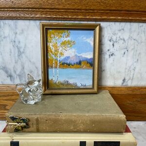 vintage, original, small oil painting of a landscape scene of aspens & mountains